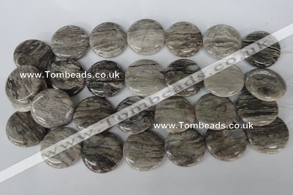 CSL35 15.5 inches 30mm flat round silver leaf jasper beads wholesale