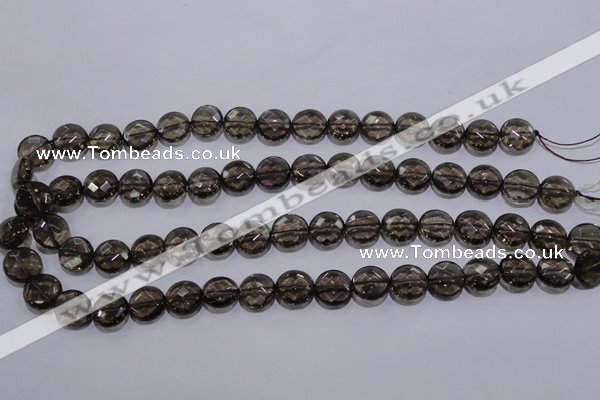 CSQ124 12mm faceted flat round grade AA natural smoky quartz beads