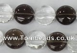 CSQ151 15.5 inches 15mm flat round white crystal & smoky quartz beads