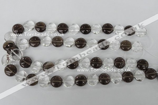 CSQ151 15.5 inches 15mm flat round white crystal & smoky quartz beads