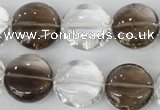 CSQ152 15.5 inches 18mm flat round white crystal & smoky quartz beads