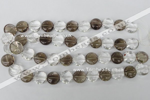 CSQ152 15.5 inches 18mm flat round white crystal & smoky quartz beads