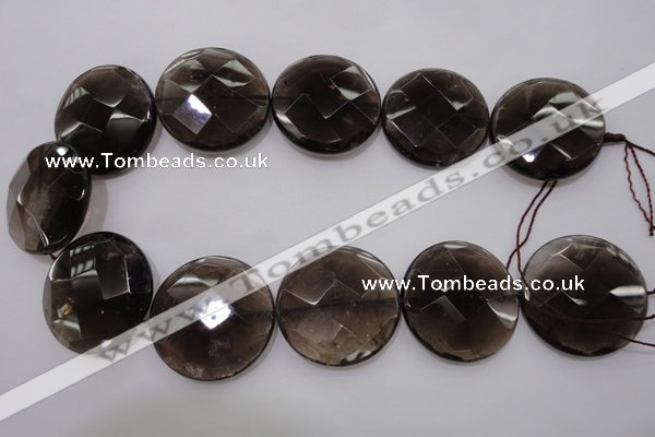 CSQ222 15.5 inches 35mm faceted coin grade AA natural smoky quartz beads