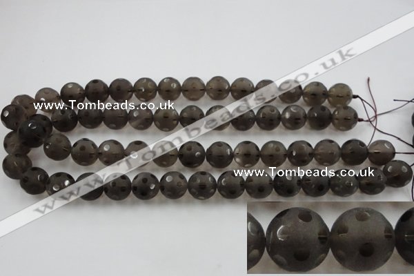 CSQ254 15.5 inches 14mm carved round matte smoky quartz beads