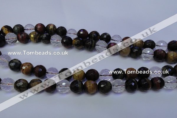 CTE1133 15 inches 10mm faceted round mixed tiger eye & white crystal beads