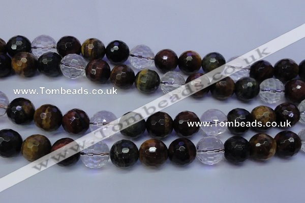 CTE1134 15 inches 12mm faceted round mixed tiger eye & white crystal beads