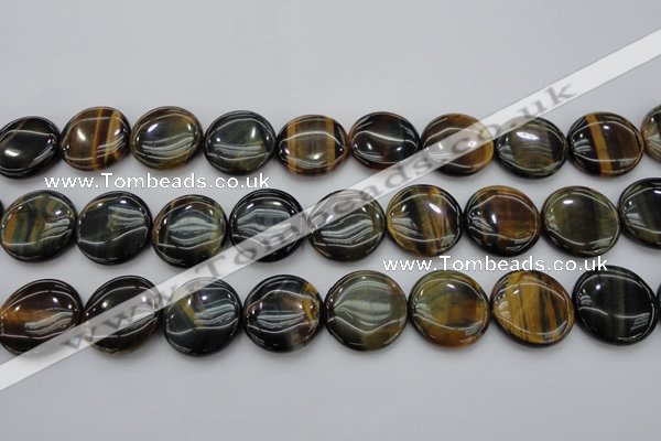 CTE1351 15.5 inches 25mm flat round yellow & blue tiger eye beads