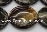 CTE1353 15.5 inches 35mm flat round yellow & blue tiger eye beads