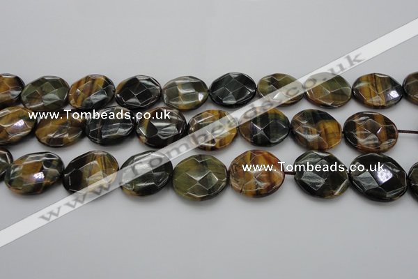 CTE1357 15.5 inches 25mm faceted coin yellow & blue tiger eye beads