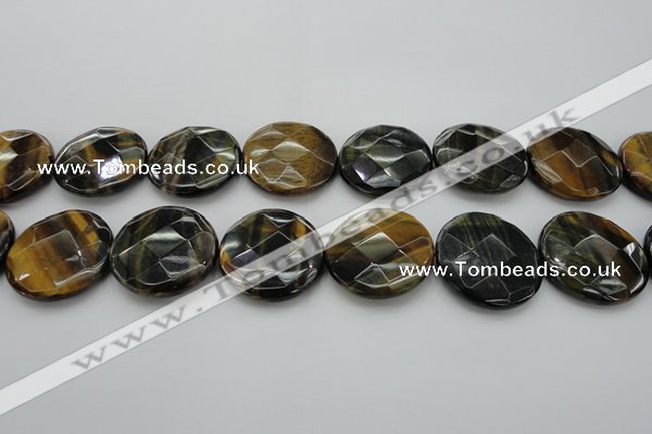 CTE1358 15.5 inches 30mm faceted coin yellow & blue tiger eye beads