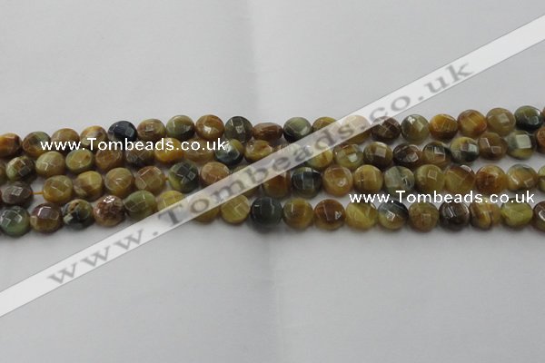 CTE1572 15.5 inches 8mm faceted coin golden & blue tiger eye beads