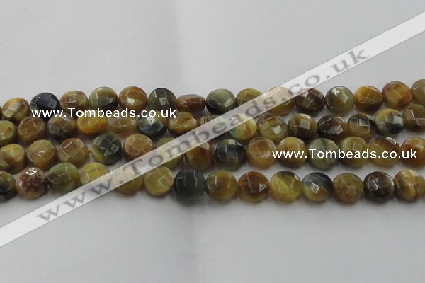 CTE1574 15.5 inches 12mm faceted coin golden & blue tiger eye beads