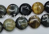 CTE562 15.5 inches 14mm flat round golden & blue tiger eye beads