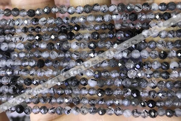 CTG1490 15.5 inches 3mm faceted round black rutilated quartz beads