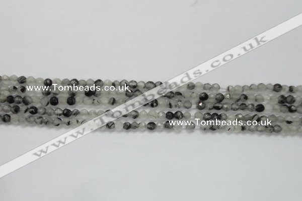 CTG208 15.5 inches 4mm faceted round tiny black rutilated quartz beads