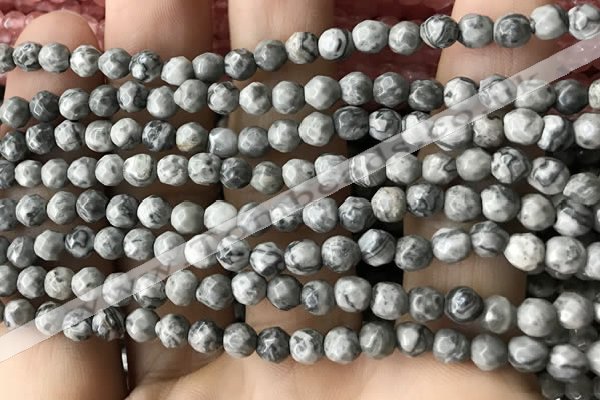 CTG3559 15.5 inches 4mm faceted round grey picture jasper beads