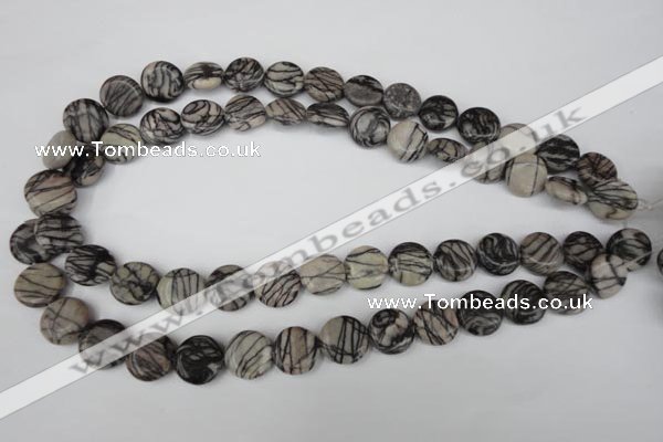 CTJ205 15.5 inches 13mm flat round black water jasper beads wholesale