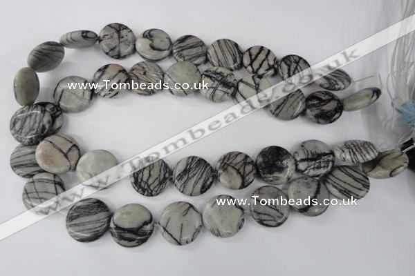 CTJ208 15.5 inches 20mm flat round black water jasper beads wholesale