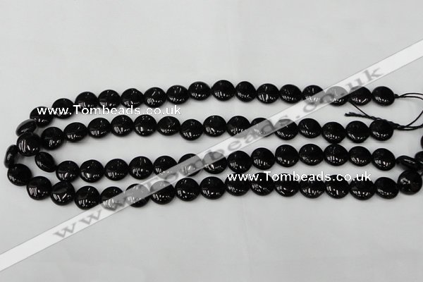 CTO128 15.5 inches 12mm flat round black tourmaline beads