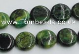 CTP08 15.5 inches 14mm flat round yellow green pine gemstone beads