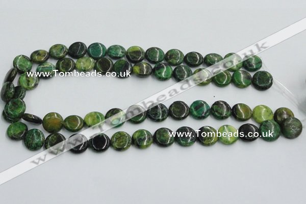 CTP08 15.5 inches 14mm flat round yellow green pine gemstone beads