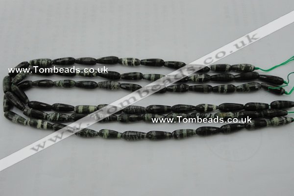 CTR10 15.5 inches 6*16mm faceted teardrop green silver line jasper beads