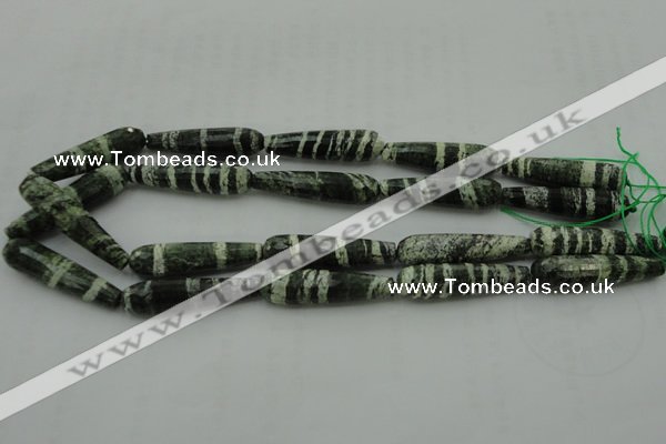 CTR53 15.5 inches 10*40mm faceted teardrop green silver line jasper beads