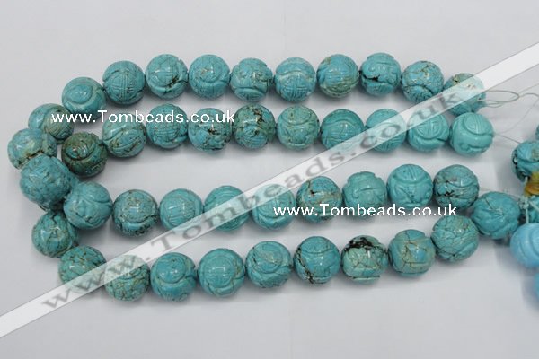 CTU884 15.5 inches 18mm carved round dyed turquoise beads