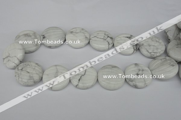 CWB65 15.5 inches 30mm carved coin natural white howlite beads