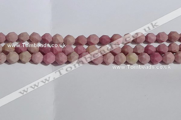 CWF32 10mm faceted nuggets matte pink wooden fossil jasper beads