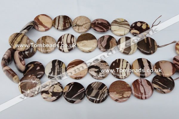 CZJ365 15.5 inches 25mm flat round zebra jasper beads wholesale