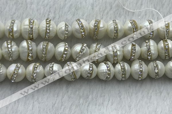 FWP345 9mm - 10mm potato white freshwater pearl with rhinestone beads