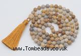GMN1006 Hand-knotted 8mm, 10mm matte fossil coral 108 beads mala necklaces with tassel