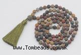 GMN1009 Hand-knotted 8mm, 10mm matte picasso jasper 108 beads mala necklaces with tassel