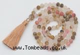 GMN1022 Hand-knotted 8mm, 10mm matte volcano cherry quartz 108 beads mala necklaces with tassel