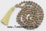 GMN1036 Hand-knotted 8mm, 10mm matte unakite 108 beads mala necklace with tassel