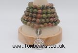 GMN1148 Hand-knotted 8mm, 10mm unakite 108 beads mala necklaces with charm