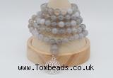 GMN1189 Hand-knotted 8mm, 10mm grey banded agate 108 beads mala necklaces with charm