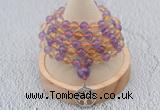 GMN1235 Hand-knotted 8mm, 10mm amethyst & citrine 108 beads mala necklaces with charm