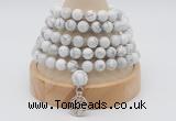 GMN1245 Hand-knotted 8mm, 10mm white howlite 108 beads mala necklaces with charm