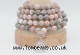 GMN1262 Hand-knotted 8mm, 10mm pink zebra jasper 108 beads mala necklaces with charm
