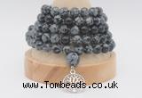 GMN1267 Hand-knotted 8mm, 10mm snowflake obsidian 108 beads mala necklaces with charm