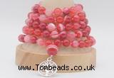 GMN1273 Hand-knotted 8mm, 10mm red banded agate 108 beads mala necklaces with charm