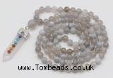 GMN1418 Hand-knotted 8mm, 10mm grey banded agate 108 beads mala necklace with pendant