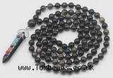 GMN1475 Hand-knotted 8mm, 10mm golden obsidian 108 beads mala necklace with pendant