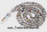 GMN1523 Hand-knotted 8mm, 10mm silver needle agate 108 beads mala necklace with pendant