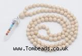 GMN1554 Knotted 8mm, 10mm white fossil jasper 108 beads mala necklace with pendant