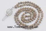 GMN1557 Knotted 8mm, 10mm feldspar 108 beads mala necklace with pendant