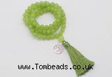 GMN1740 Hand-knotted 8mm candy jade 108 beads mala necklace with tassel & charm