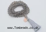 GMN1750 Knotted 8mm, 10mm grey agate 108 beads mala necklace with tassel & charm